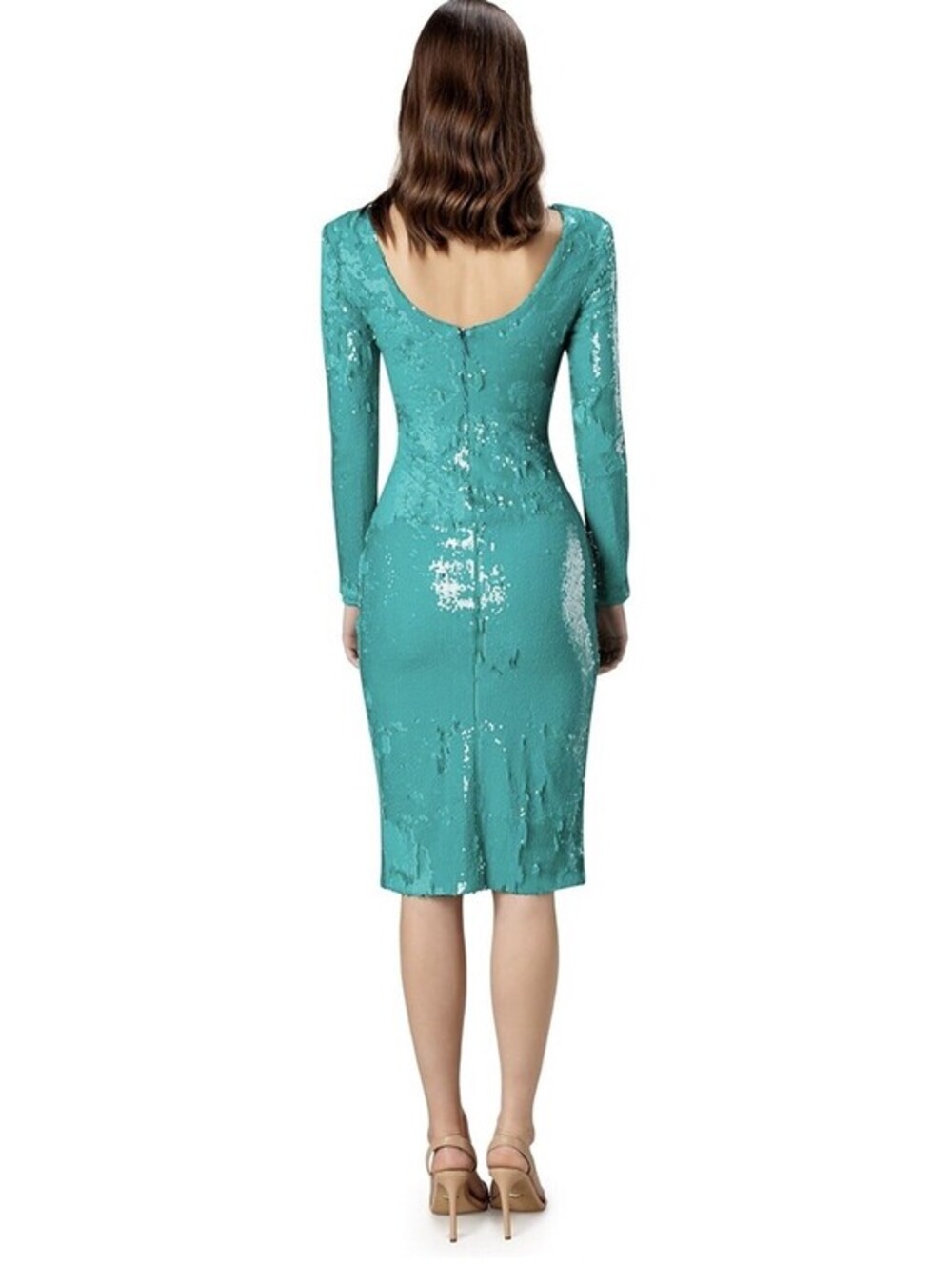 Dress the Population Natalie Sequin Long Sleeve Slit Midi Dress Size M In Capri - Picture 3 of 7